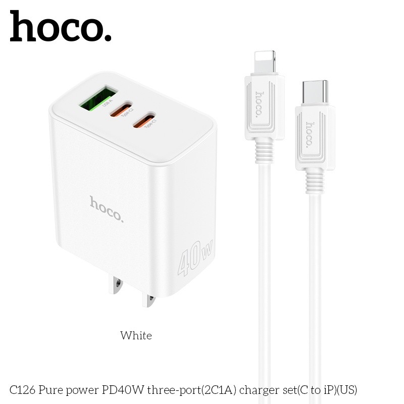 Bộ củ cáp sạc nhanh 40W Hoco C126 lightning (1 usb 2 typeC)