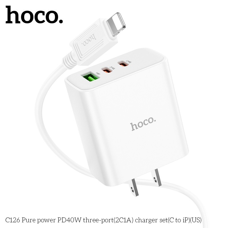 Bộ củ cáp sạc nhanh 40W Hoco C126 lightning (1 usb 2 typeC)