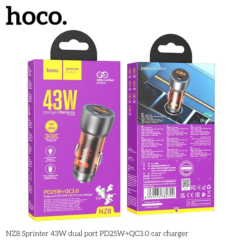 Tẩu Sạc Hoco NZ8 QC3.0 (Cổng TypeC và USB 43W)