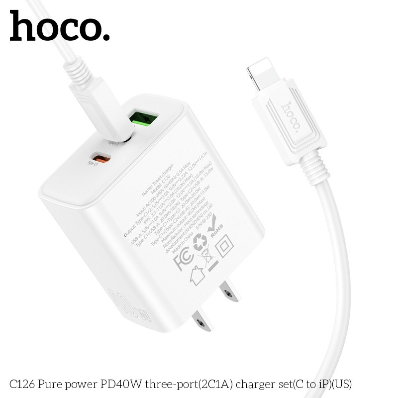 Bộ củ cáp sạc nhanh 40W Hoco C126 lightning (1 usb 2 typeC)