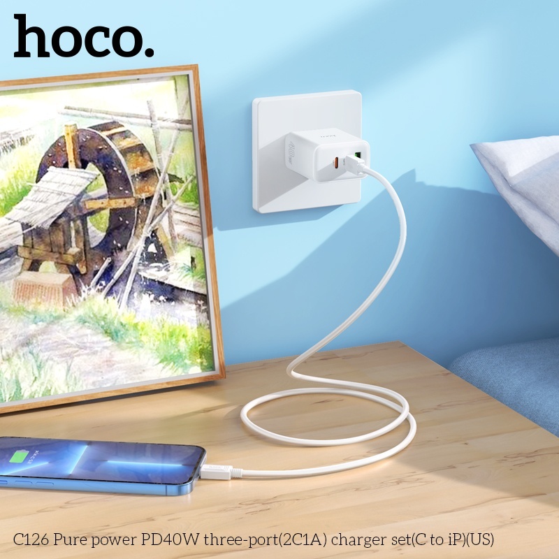 Bộ củ cáp sạc nhanh 40W Hoco C126 lightning (1 usb 2 typeC)