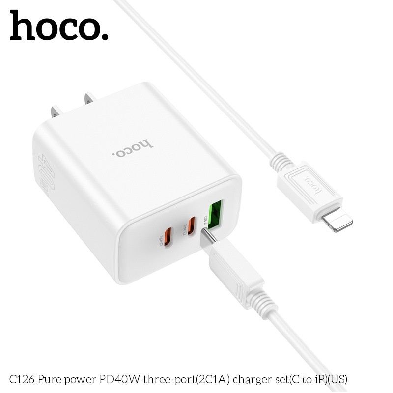 Bộ củ cáp sạc nhanh 40W Hoco C126 lightning (1 usb 2 typeC)