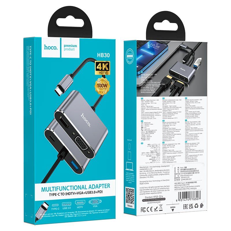 Bộ Chuyển Đổi Hoco HB30 Eco - Type-C sang HDMI + VGA + USB3.0 + PD