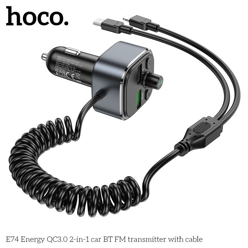 Tẩu sạc Hoco E74 - (Sạc nhanh QC3.0) Fm MP3 - Kèm 2 đầu dây sạc