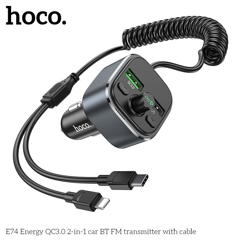 Tẩu sạc Hoco E74 - (Sạc nhanh QC3.0) Fm MP3 - Kèm 2 đầu dây sạc