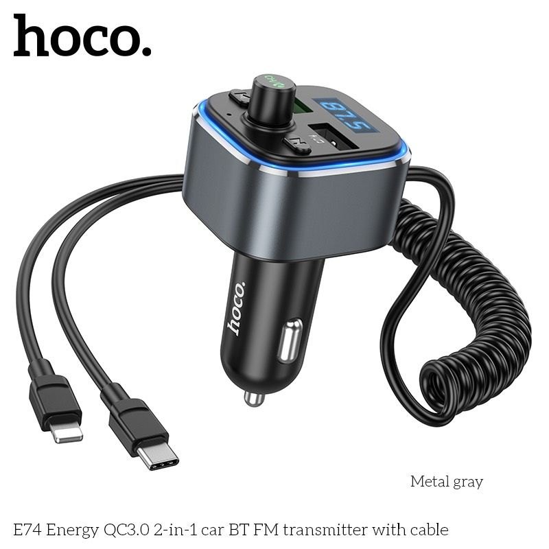 Tẩu sạc Hoco E74 - (Sạc nhanh QC3.0) Fm MP3 - Kèm 2 đầu dây sạc