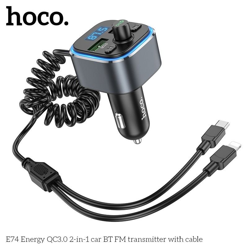 Tẩu sạc Hoco E74 - (Sạc nhanh QC3.0) Fm MP3 - Kèm 2 đầu dây sạc