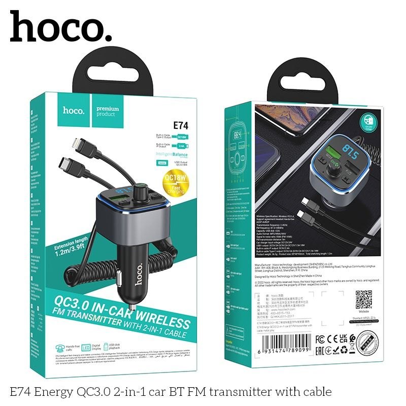 Tẩu sạc Hoco E74 - (Sạc nhanh QC3.0) Fm MP3 - Kèm 2 đầu dây sạc