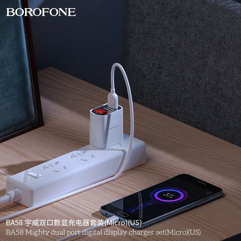 Bộ Sạc Borofone BA58 Micro - 2 cổng sạc USB, có màn LCD