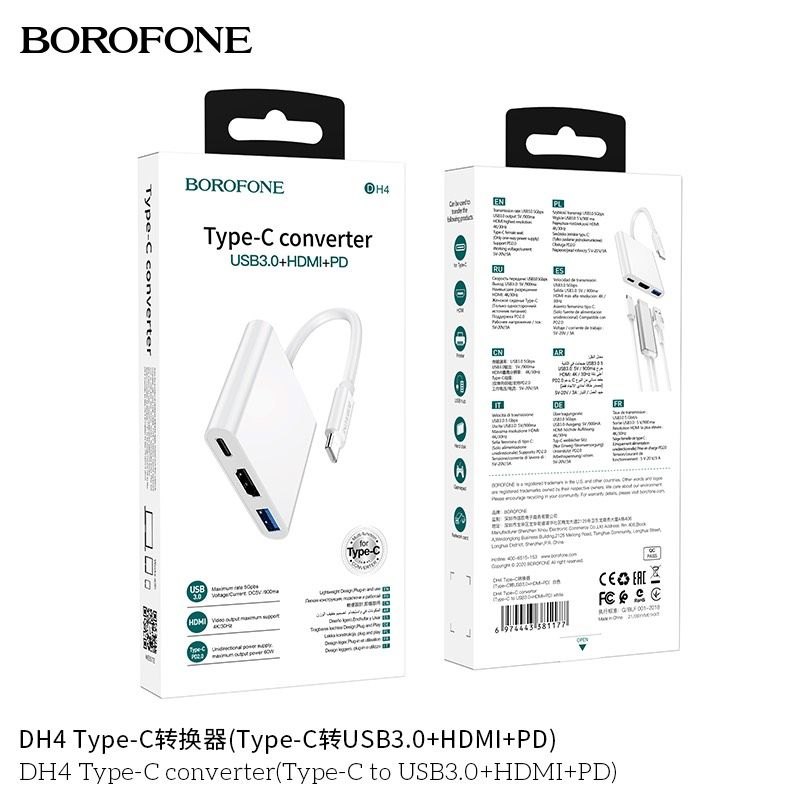 Bộ Chuyển Đổi Borofone DH4 (Type-C + USB3.0 + HDMI + PD )