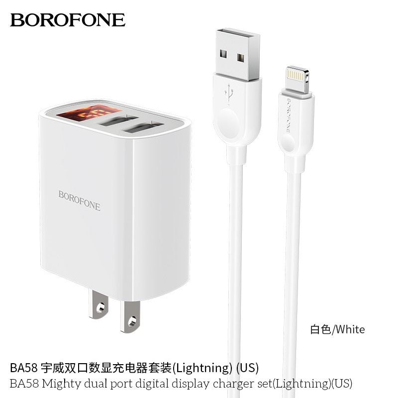 Bộ Sạc Borofone BA58 Lightning - 2 cổng sạc USB, có màn LCD