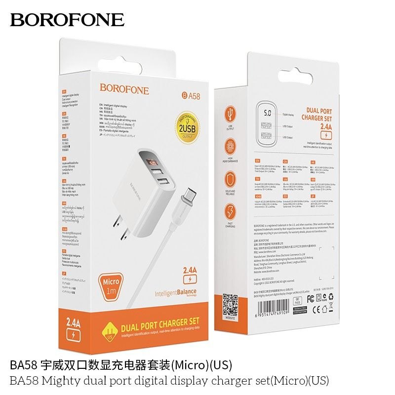 Bộ Sạc Borofone BA58 Micro - 2 cổng sạc USB, có màn LCD