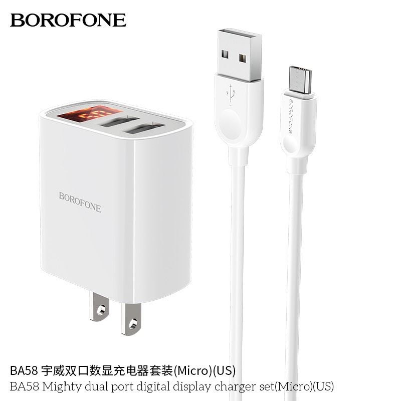 Bộ Sạc Borofone BA58 Micro - 2 cổng sạc USB, có màn LCD