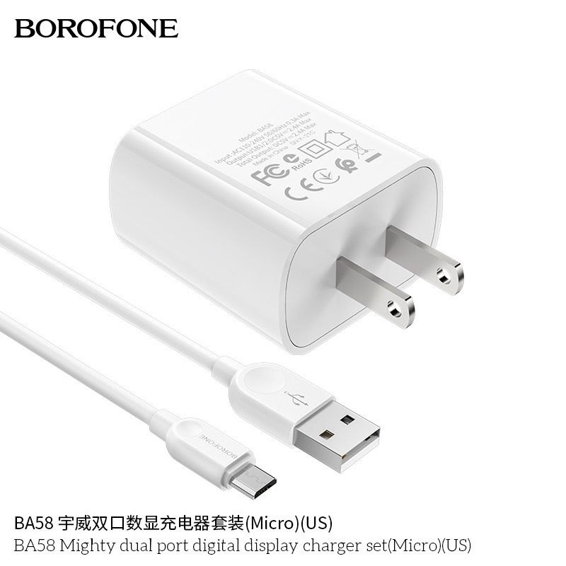 Bộ Sạc Borofone BA58 Micro - 2 cổng sạc USB, có màn LCD