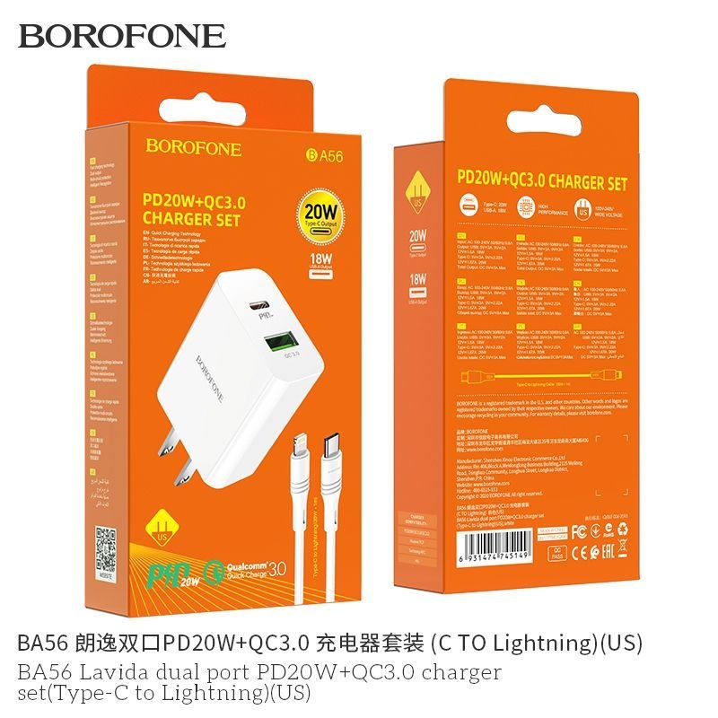 Bộ củ cáp sạc Borofone BA56 lightning 20W