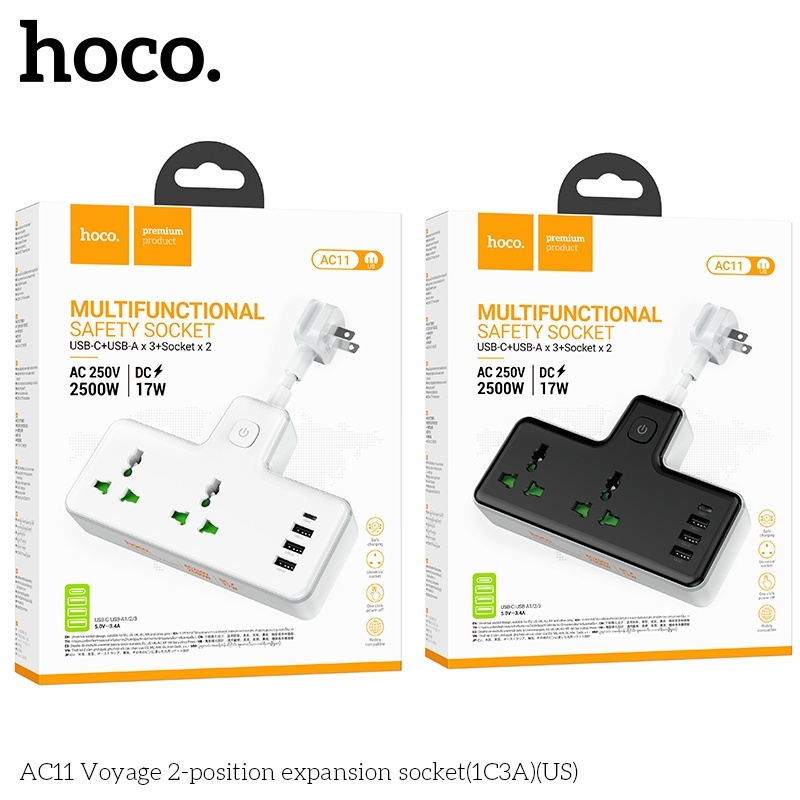 Ổ cắm Hoco AC11 DC17W AC 250V 2500W (2 ổ + 3 cổng usb + 1 cổng typeC)