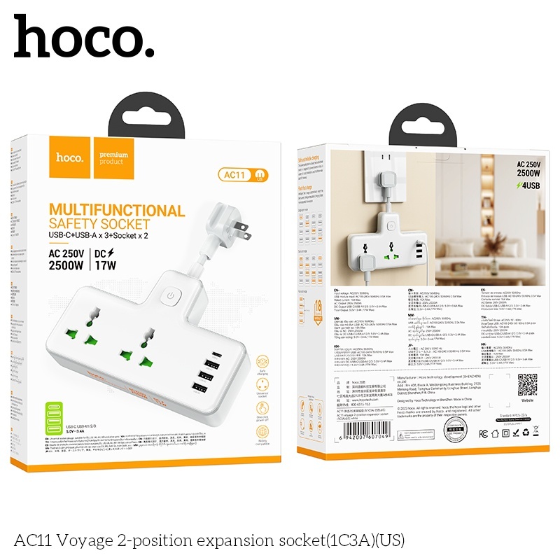 Ổ cắm Hoco AC11 DC17W AC 250V 2500W (2 ổ + 3 cổng usb + 1 cổng typeC)