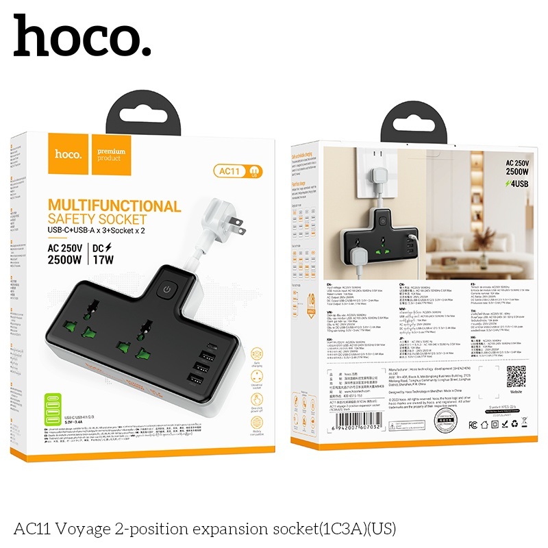 Ổ cắm Hoco AC11 DC17W AC 250V 2500W (2 ổ + 3 cổng usb + 1 cổng typeC)