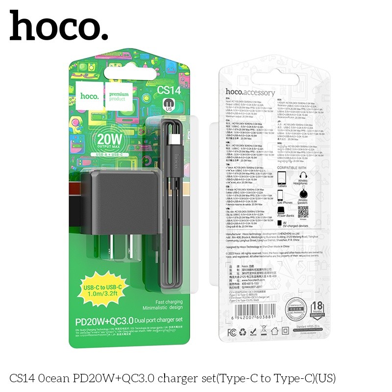 Bộ củ cáp sạc Hoco CS14 typeC PD20W+QC3.0