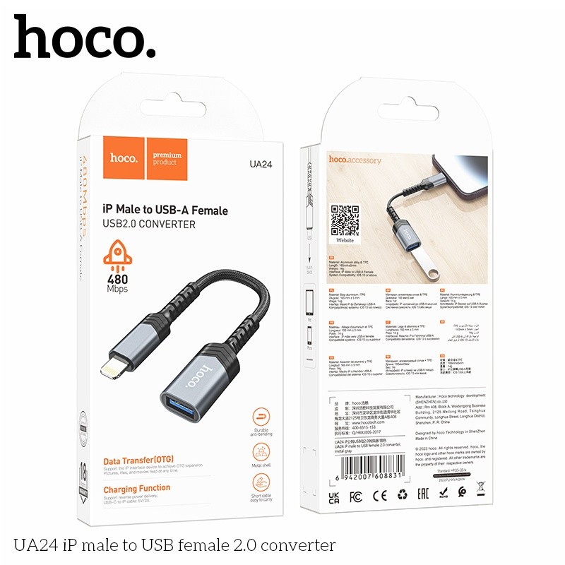 Đầu chuyển đổi Hoco UA24 IP (đực) sang USB-A (cái)