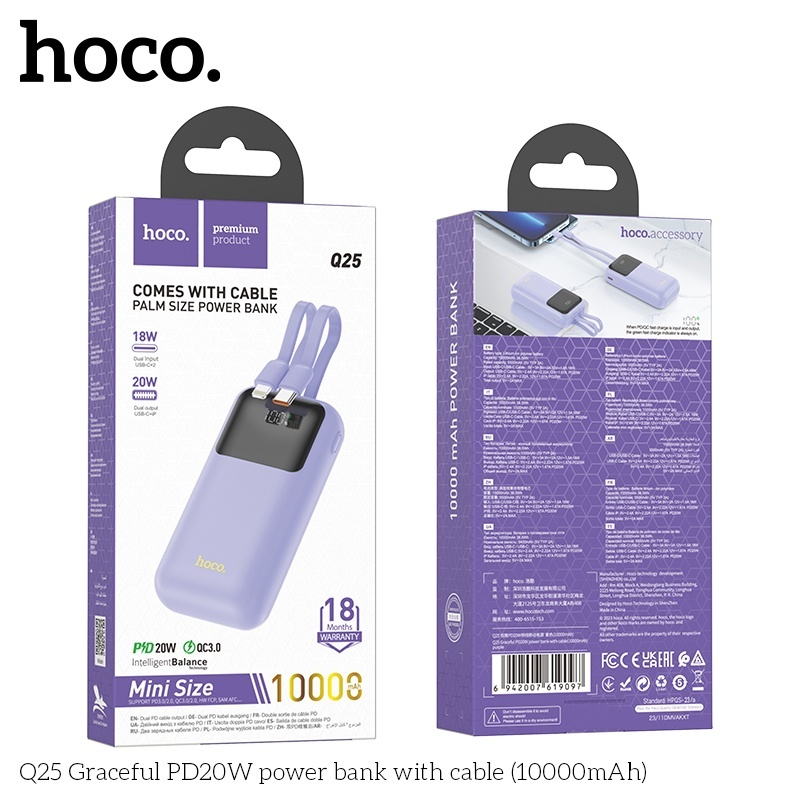 Pin sạc dự phòng sac nhanh Hoco Q25 10.000mAh PD20W QC3.0 (có dây ip+typeC)