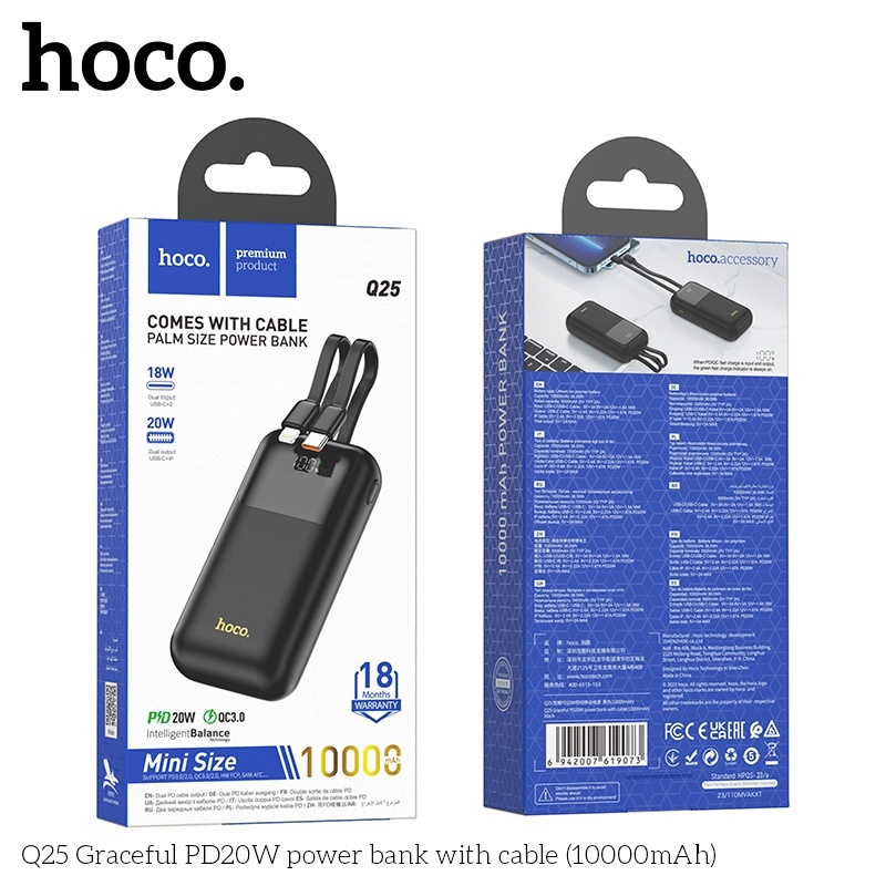 Pin sạc dự phòng sac nhanh Hoco Q25 10.000mAh PD20W QC3.0 (có dây ip+typeC)