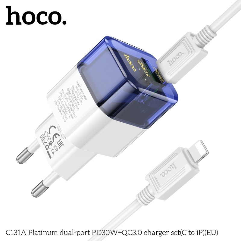 Bộ củ cáp sạc nhanh 2 cổng Hoco C131A lightning 30W (1A 1C)