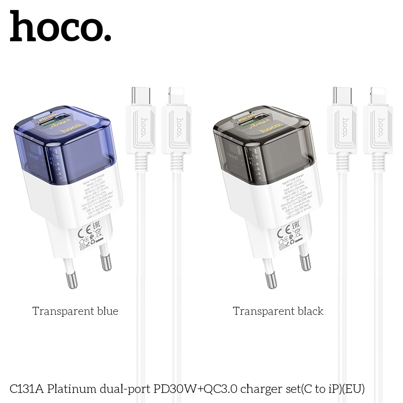 Bộ củ cáp sạc nhanh 2 cổng Hoco C131A lightning 30W (1A 1C)