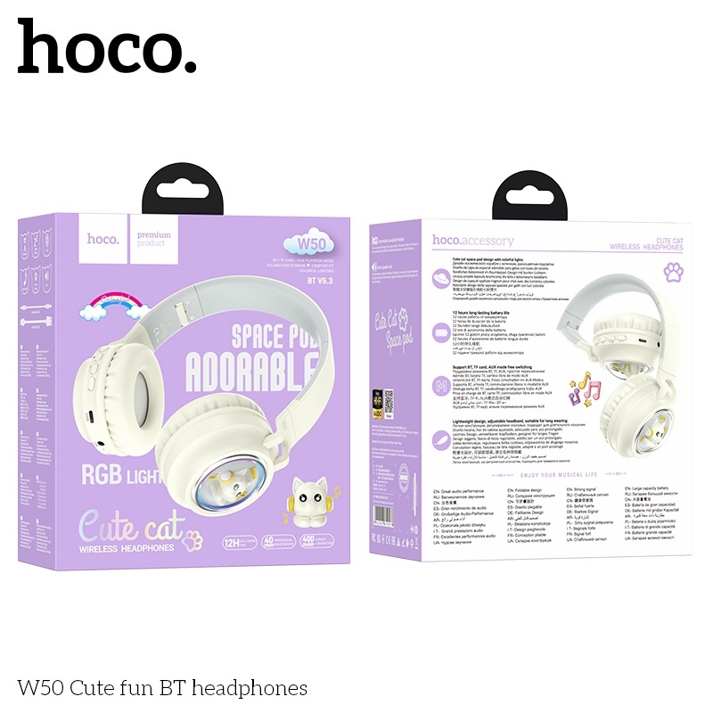 Tai nghe chụp tai cute bluetooth Hoco W50 RGB