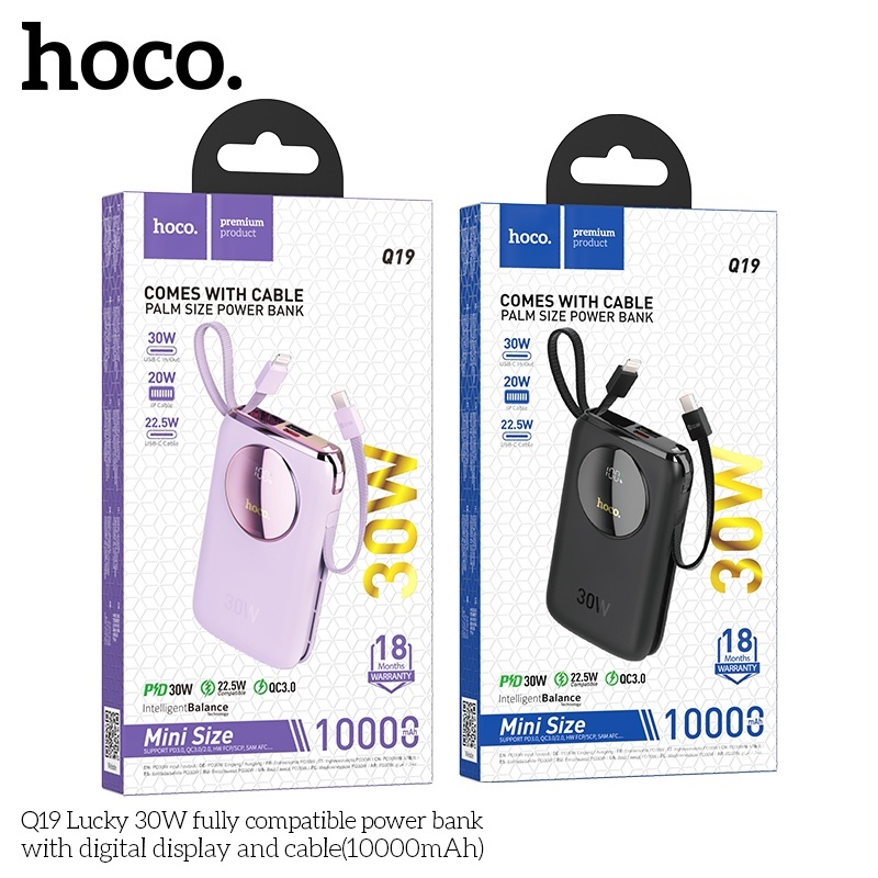 Pin sạc dự phòng sạc nhanh 30W Hoco Q19 10.000mAh có dây (typeC và lightning)