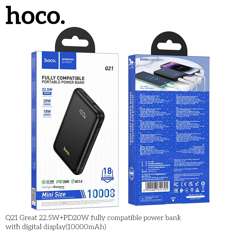 Pin sạc dự phòng sạc nhanh Hoco Q21 10.000mAh 22,5W+PD20W với màn hình kỹ thuật số