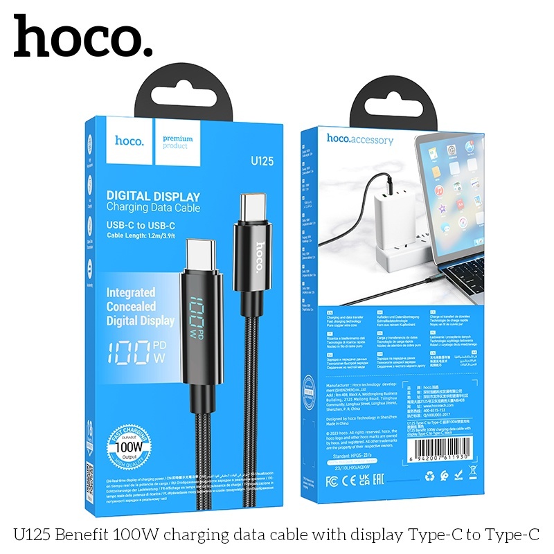 Cáp sạc nhanh Hoco U125 typeC typeC 100W có màn hiển thị