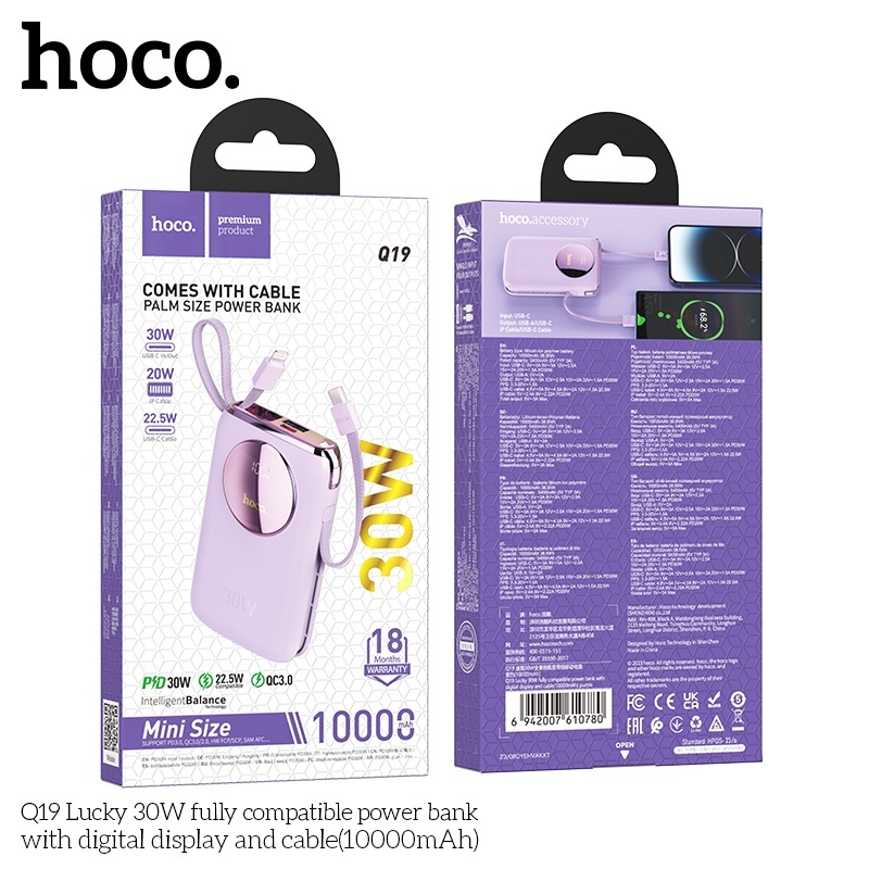 Pin sạc dự phòng sạc nhanh 30W Hoco Q19 10.000mAh có dây (typeC và lightning)