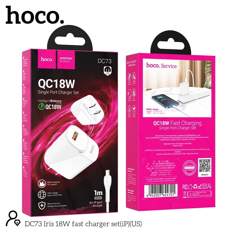 Bộ sạc nhanh QC18W Hoco DC73 lightning (ip)