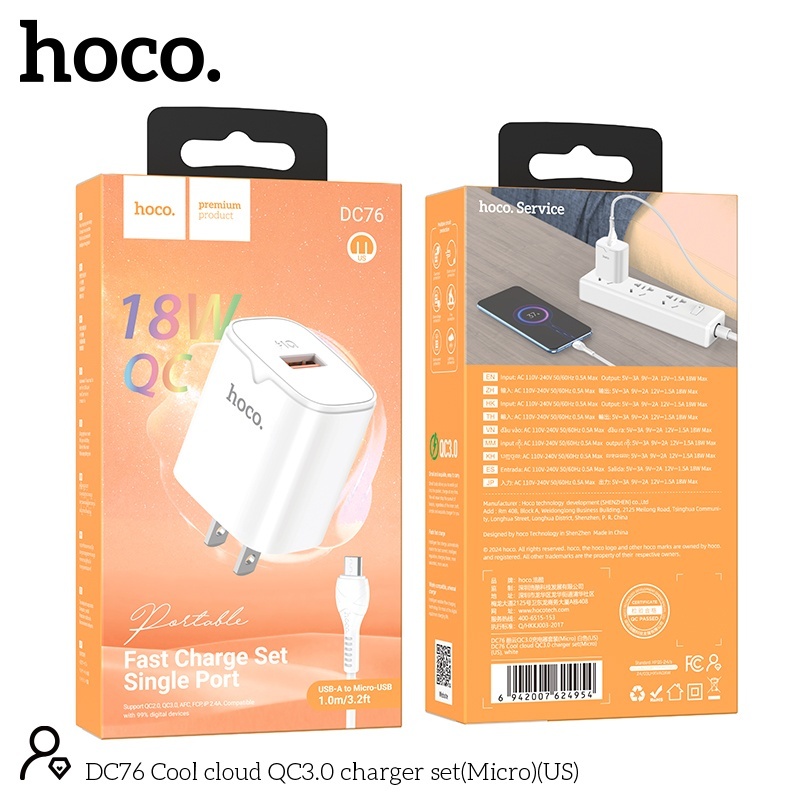 Bộ củ cáp sạc nhanh QC18W Hoco DC76 micro