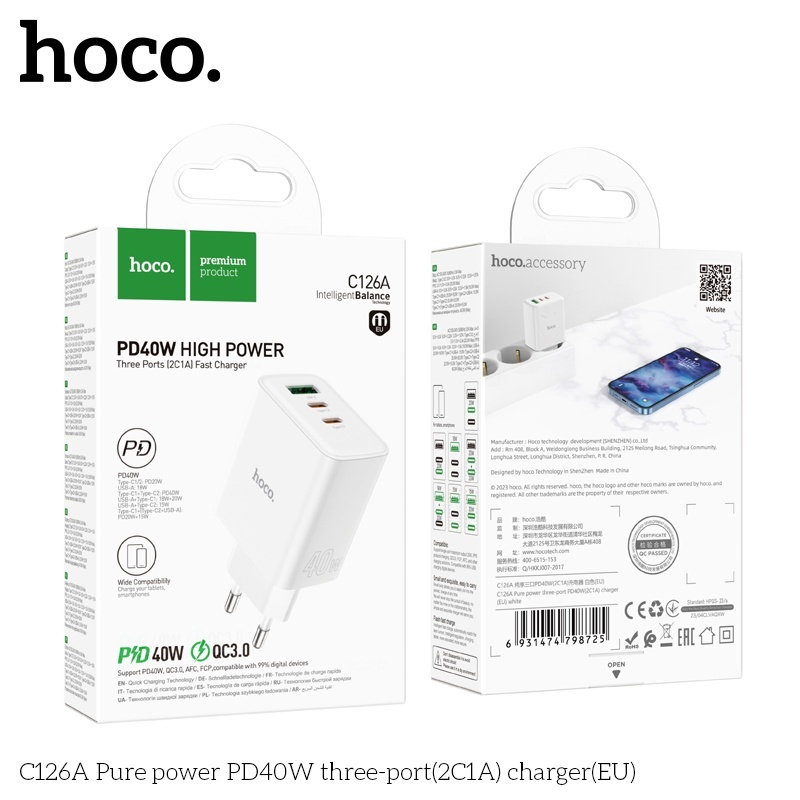 Củ sạc 3 cổng (2C 1A) C126A Hoco PD40W QC3.0