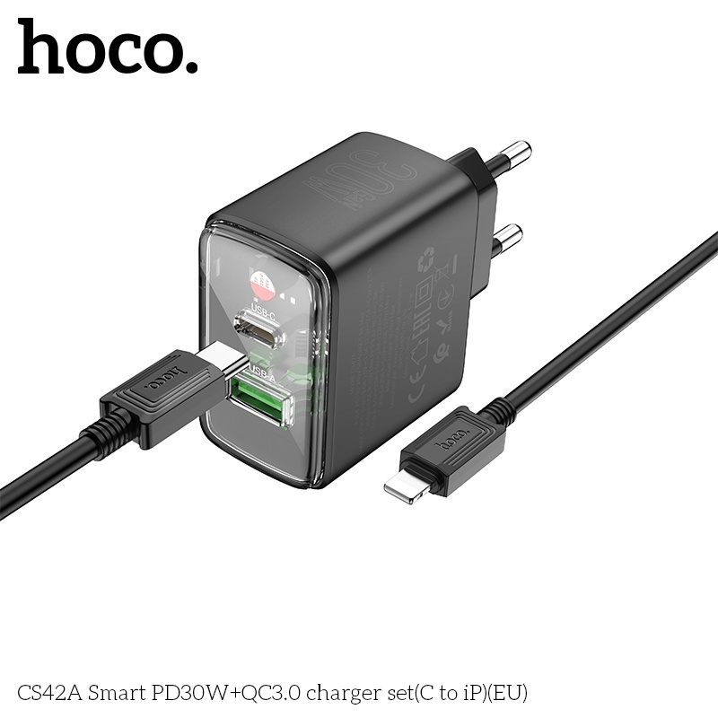 Bộ củ cáp sạc nhanh 2 cổng (1A 1C) Hoco CS42A lightning (ip) PD30W QC3.0