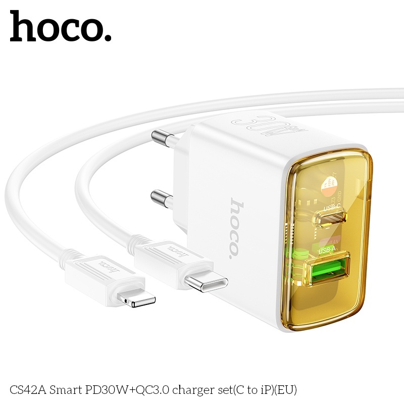 Bộ củ cáp sạc nhanh 2 cổng (1A 1C) Hoco CS42A lightning (ip) PD30W QC3.0