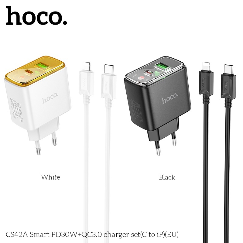 Bộ củ cáp sạc nhanh 2 cổng (1A 1C) Hoco CS42A lightning (ip) PD30W QC3.0