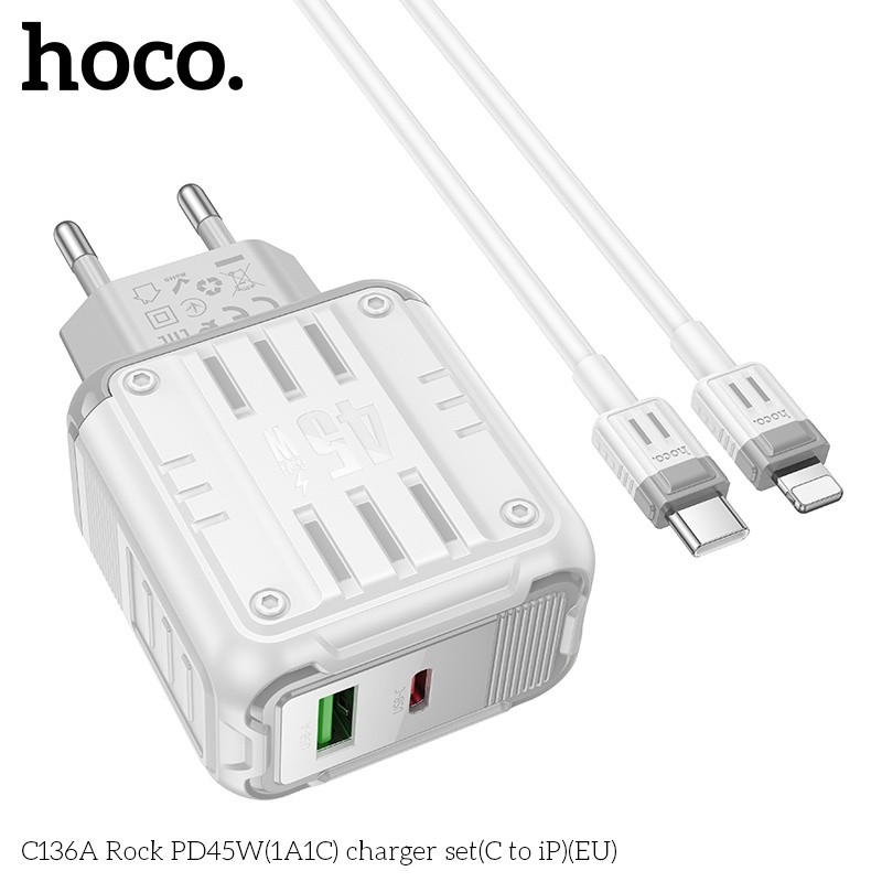 Bộ củ cáp sạc nhanh PD45W(1A1C) Hoco C136A lightning