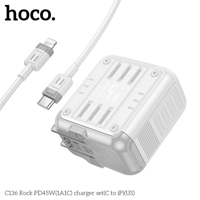 Bộ củ cáp sạc nhanh PD45W(1A1C) Hoco C136 lightning