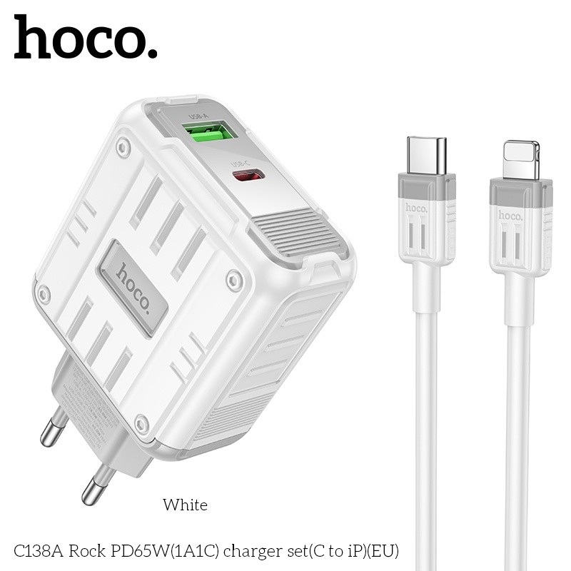 Bộ sạc nhanh 2 cổng 1A1C PD65W Hoco C138A lightning