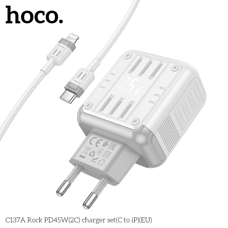 Bộ củ cáp sạc nhanh 2 cổng C PD45W Hoco C137A lightning
