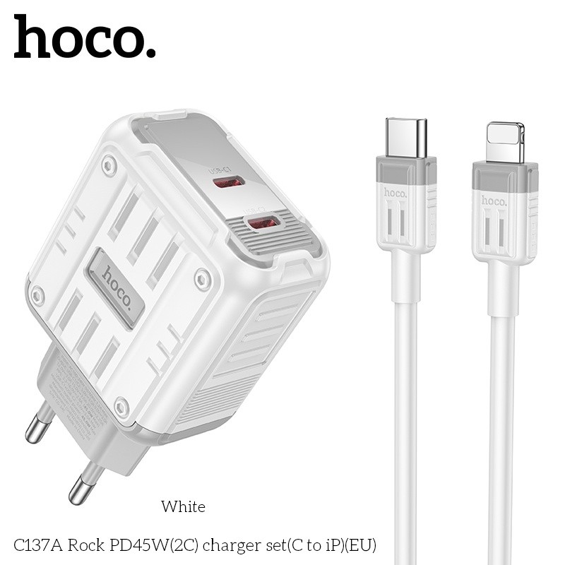 Bộ củ cáp sạc nhanh 2 cổng C PD45W Hoco C137A lightning