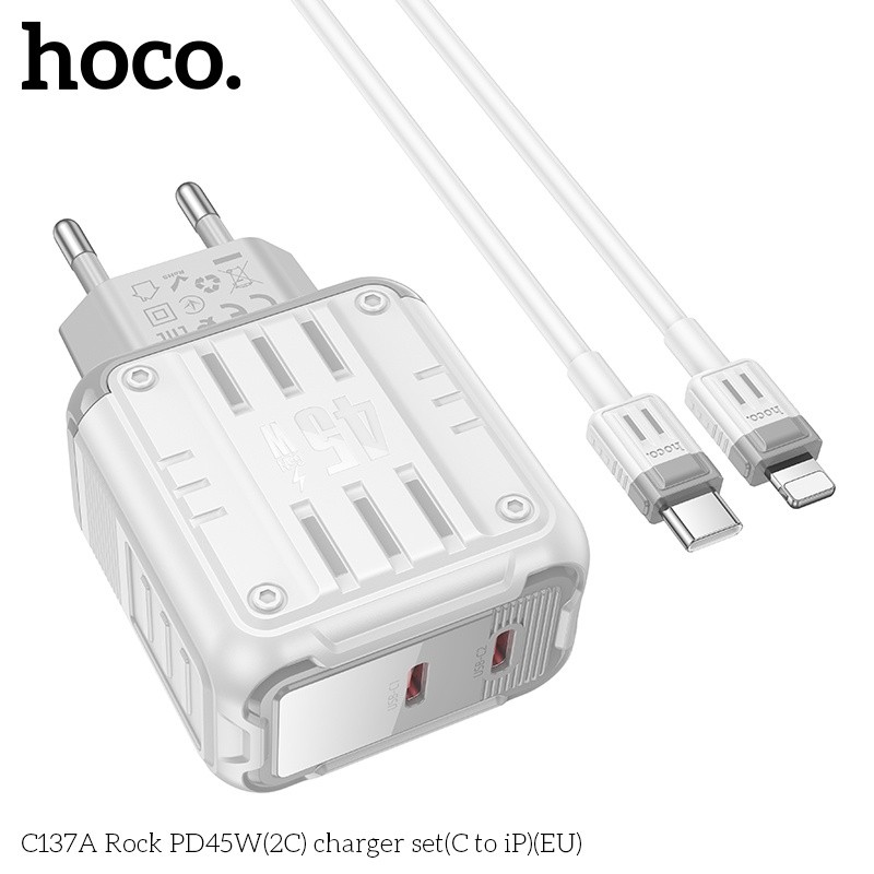 Bộ củ cáp sạc nhanh 2 cổng C PD45W Hoco C137A lightning