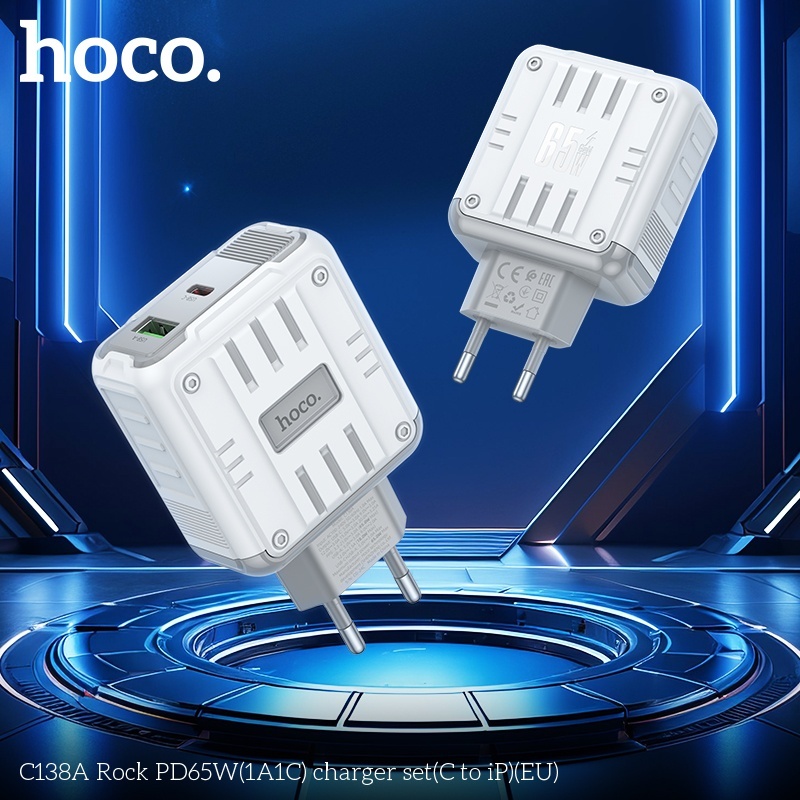 Bộ sạc nhanh 2 cổng 1A1C PD65W Hoco C138A lightning