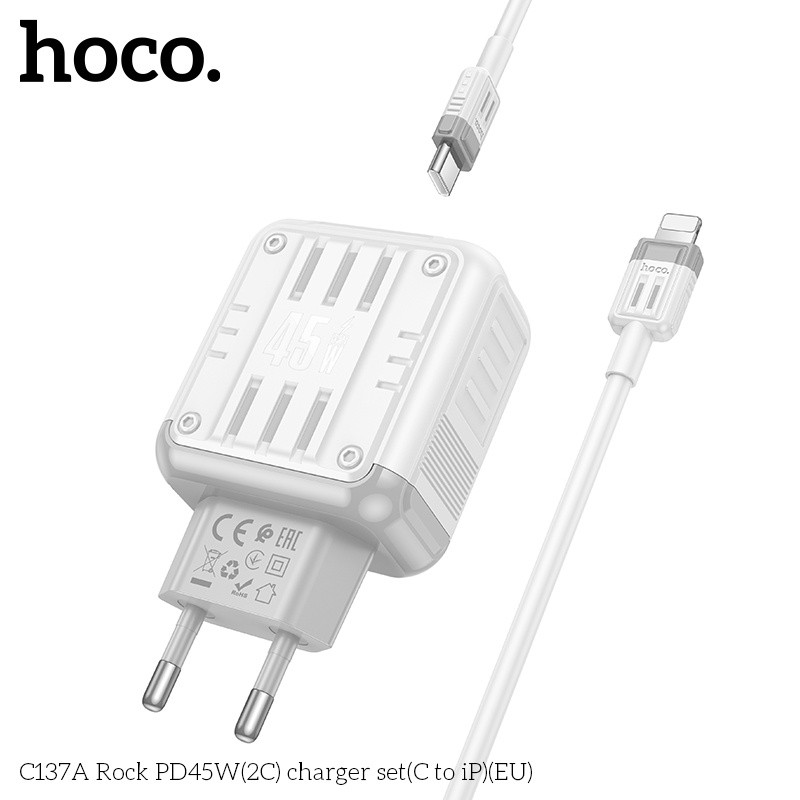 Bộ củ cáp sạc nhanh 2 cổng C PD45W Hoco C137A lightning