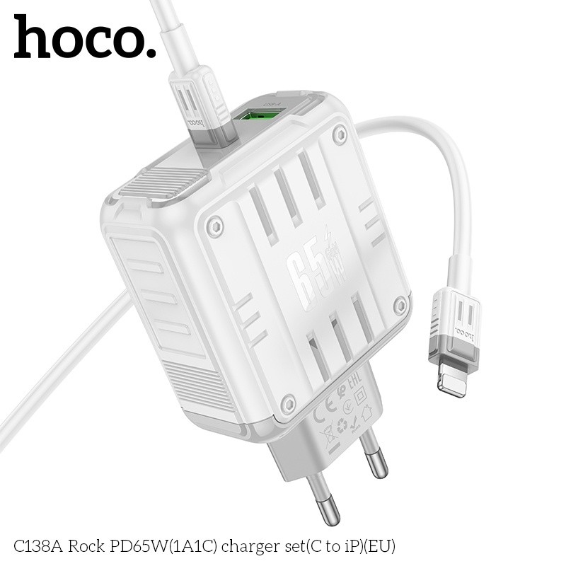 Bộ sạc nhanh 2 cổng 1A1C PD65W Hoco C138A lightning