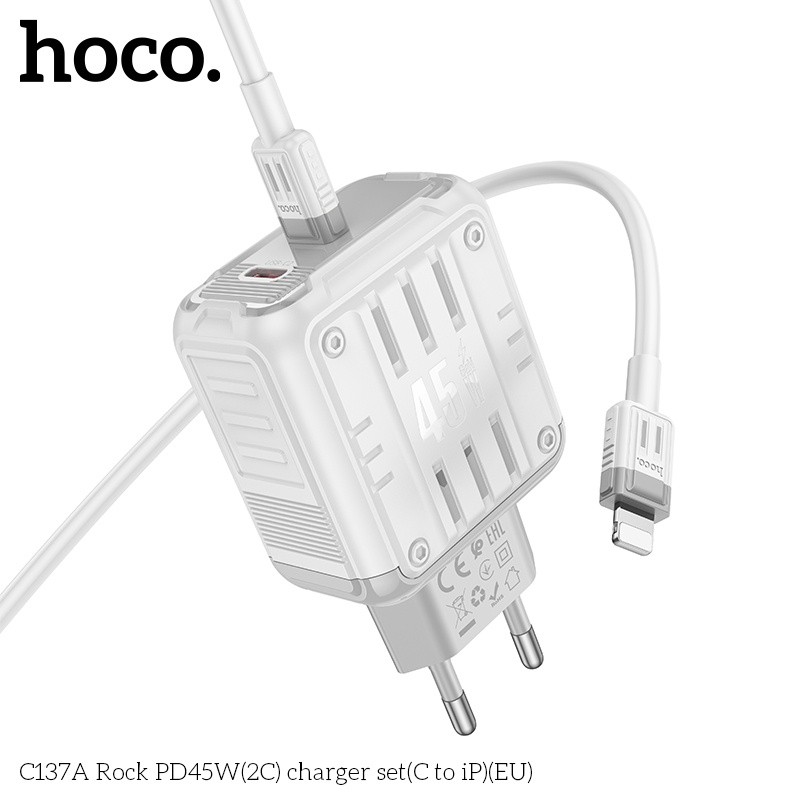 Bộ củ cáp sạc nhanh 2 cổng C PD45W Hoco C137A lightning