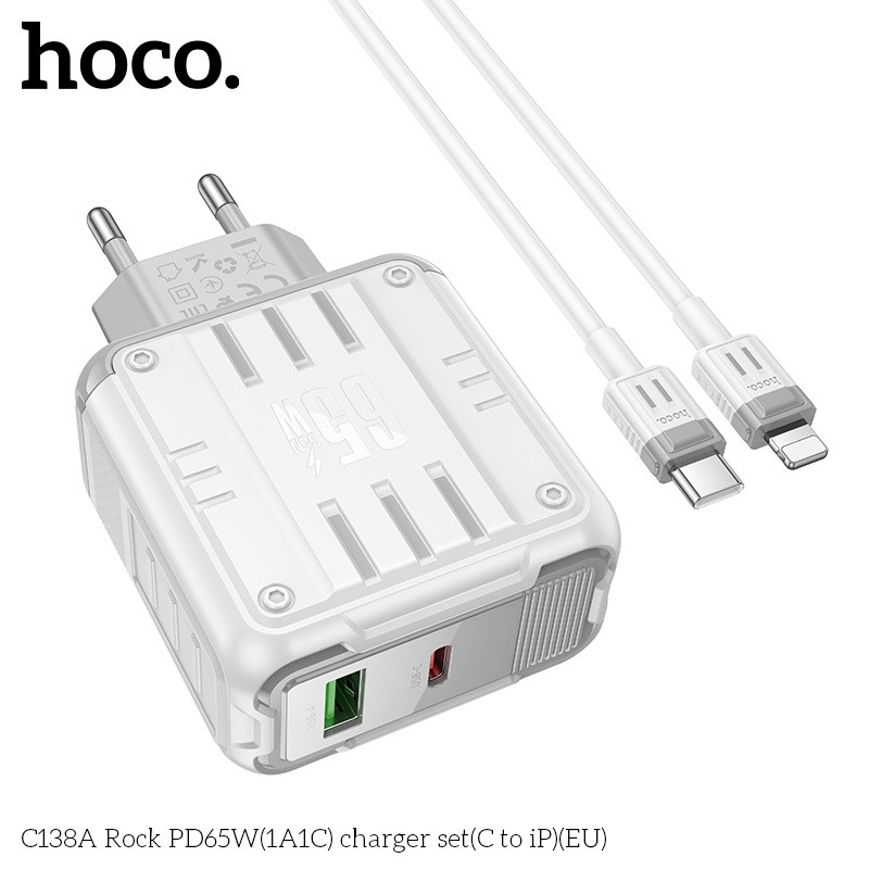 Bộ sạc nhanh 2 cổng 1A1C PD65W Hoco C138A lightning